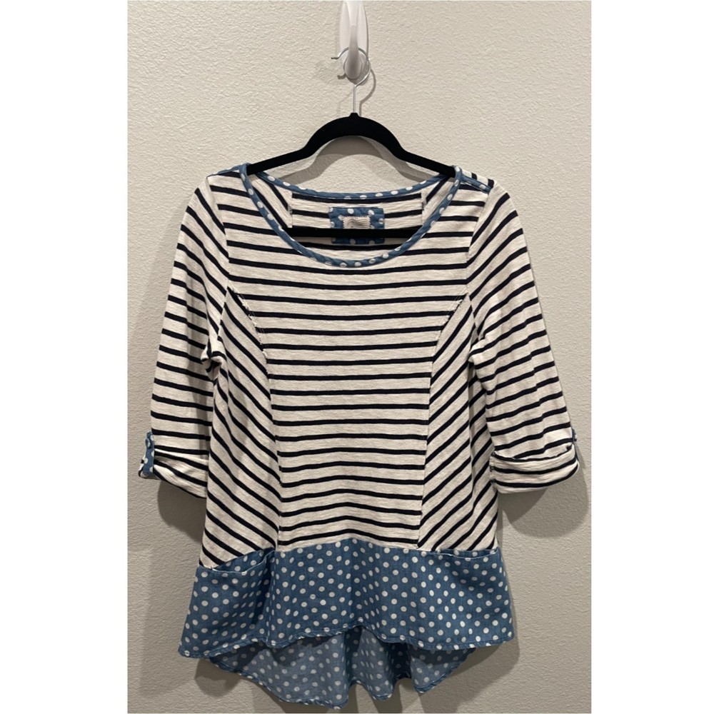 POSTAGE STAMP Polkadot Strip Tunic 3/4 Sleeve Pullover